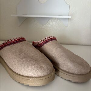 Cozy Tan Slippers with Red Trim